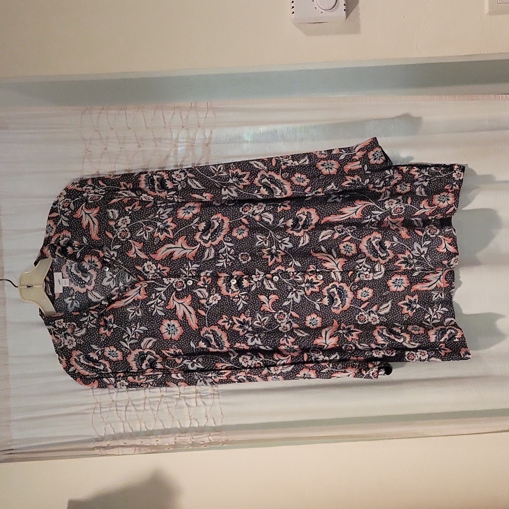 J JILL Marvelflor Women's Tunic Shirt Long Sleeve Button-Down Side Slits Size L